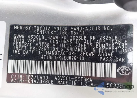 2014 Toyota Camry Xle z USA, uszkodzony, nr VIN 4T1BF1FK2EU826110